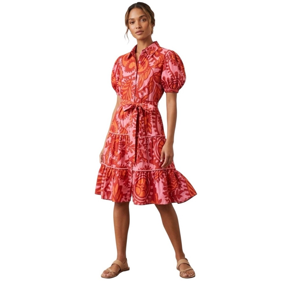 Kings Road Belted Tiered Mini Dress Block Print Pink Red Size Small Shirtdress